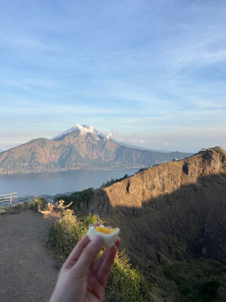 Steamed Egg with the sunsetting over Mt Batur in the background